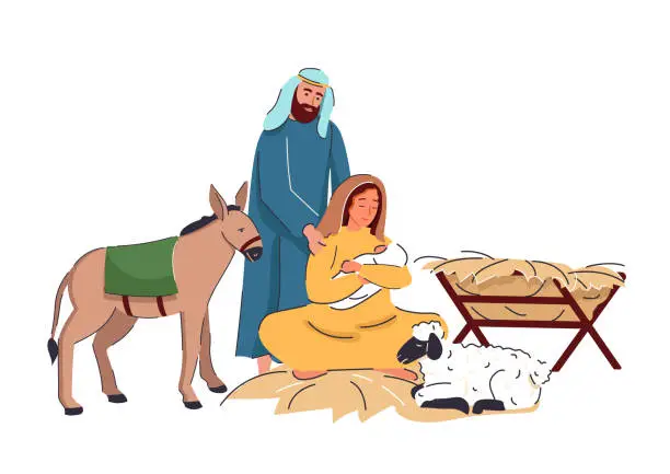 Vector illustration of Christmas scene of baby Jesus with Mary and Joseph vector illustration. The Birth of Jesus Christ. Mary holding baby Jesus in a barn with animals. Christian Nativity. Bethlehem Star. Holy night.