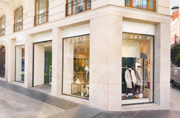 Fashion clothing storefront facade and windows mockup for your own branding stock photo