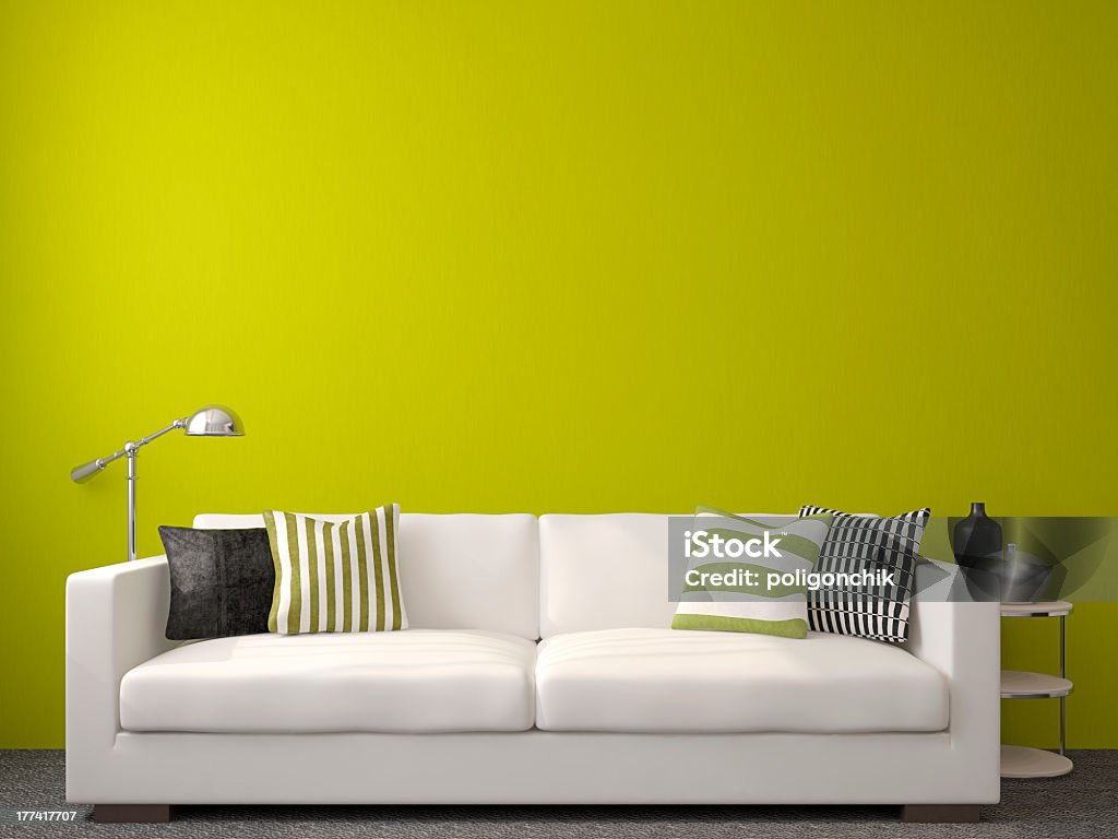 Bright green wall in a living room Modern living-room interior with white couch near empty green wall. 3d render. Apartment Stock Photo