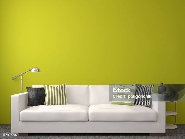 Bright Green Wall In A Living Room Stock Photo - Download Image Now - Apartment, Carpet - Decor, Digitally Generated Image