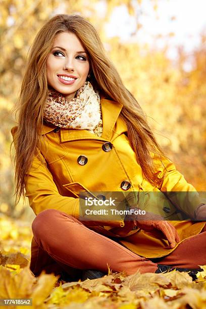 Young Brunette Woman Portrait In Autumn Color Stock Photo - Download Image Now - Adult, Adults Only, Autumn