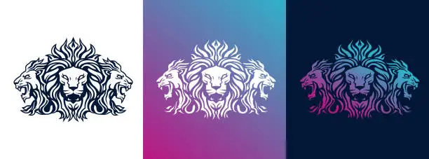 Vector illustration of Triple Lion face mascot front and side view logotype line art eps vector art image illustration. Lion head with mane hair business company logo design and brand identity graphic.
