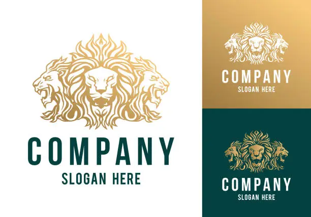 Vector illustration of Golden Lion King heads mascot front and side view company logo vector line art illustration on black and white background. Triple Lion faces and mane business logo design.