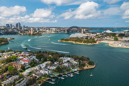 Sydney, Australia - October 5, 2013: HMAS Perth (FFH 157) Anzac-class frigate of the Royal Australian Navy in Sydney Harbor.