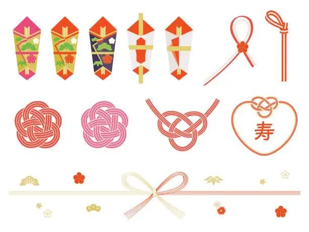 Vector illustration of Japanese Auspicious decoration for gifts called ”Noshi” and ”Mizuhiki”.