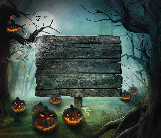 istock Halloween forest landscape with blank wooden sign 177420811