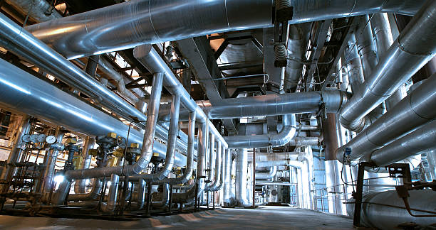 istock Steel pipelines and valves in blue tones 177421467