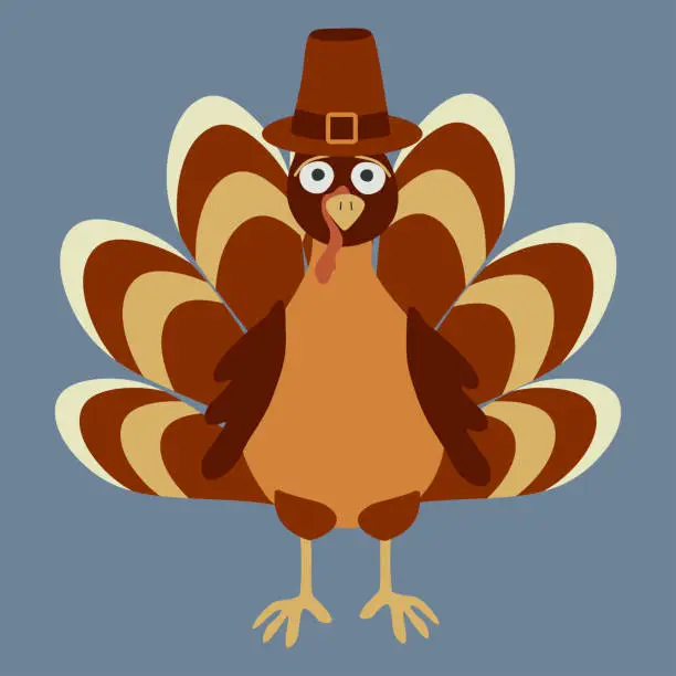 Vector illustration of Turkey in a Traditional Pilgrim Hat, Isolated Vector graphics in cartoon style. Holiday Thanksgiving Day Flat Bird illustration for Decoration design, November Celebration Character. Card template