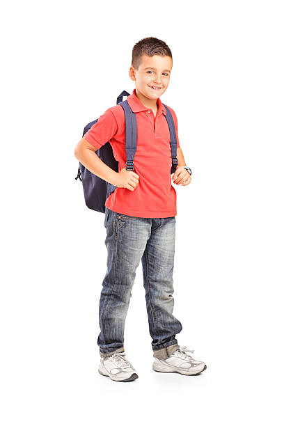 istock Portrait of school boy with backpack on white background 177422376