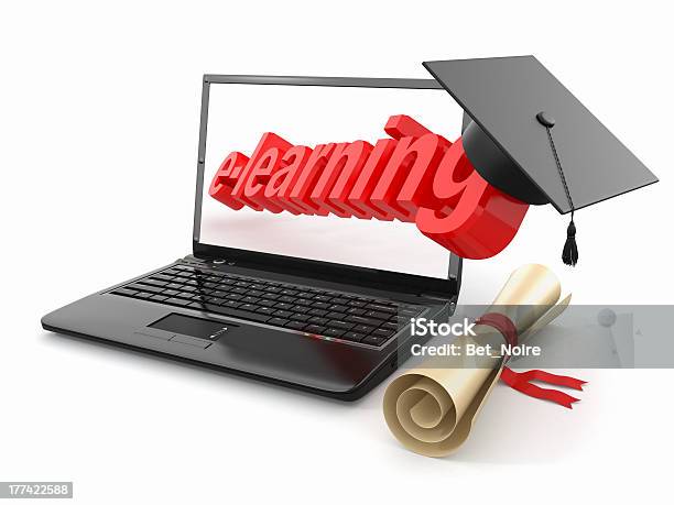 Elearning Laptop Diploma And Mortar Board Stock Photo - Download Image Now - Cap - Hat, Computer, Computer Equipment