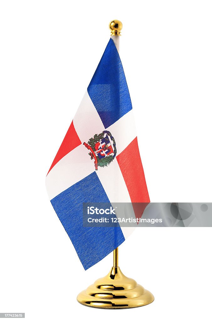 Flag of Dominican hanging on the gold flagpole "Flag of Dominican hanging on the gold flagpole,Isolated on the white background" Agreement Stock Photo