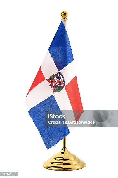 Flag Of Dominican Hanging On The Gold Flagpole Stock Photo - Download Image Now - Agreement, Authority, Blue