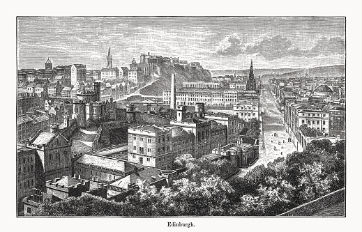 Historical view of Edinburgh - capital city of Scottland, United Kingdom. Wood engraving, published in 1894.