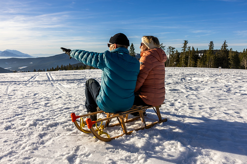 Senior couple relaxing on sled and admiring beautiful mountain view from snowy winter landscape