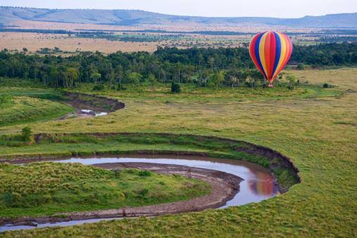 Hot air balloon over the Masai Mara National Reserve, Kenya, Africa