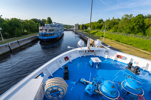 Cruise river steamers sail along the Moscow Canal