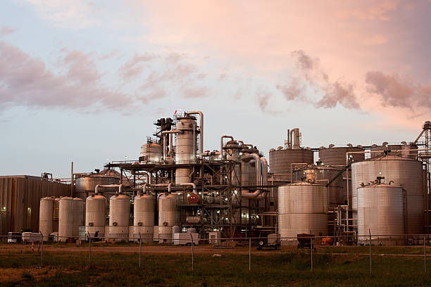 Panoramic view of massive refinery factory at sunset stock photo