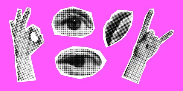 Vector illustration of Vector set of retro halftone hands, lips and eyes. Halftone collage elements. Torn paper. Trendy vintage collection. Modern collage with paper cutout human parts on pink background.