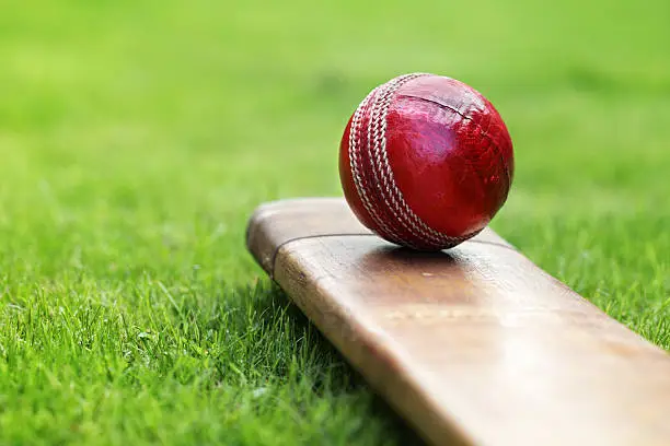 Photo of Close-up of red cricket ball and bat sitting on grass