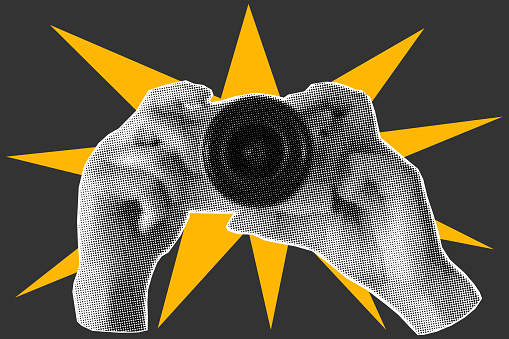 Halftone collage banner, hands holding camera against yellow explosion and dark background. Elements cut out from a magazine, photographer, flash.