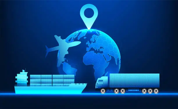 Vector illustration of Transportation and logistics business technology Worldwide shipping By using technology and artificial intelligence to tell the location and help manage the transportation system efficiently.