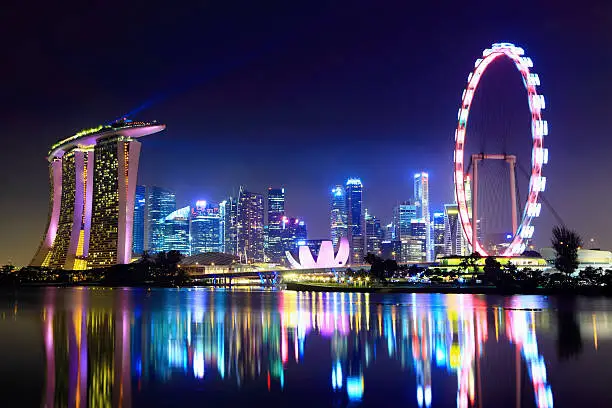 Photo of Lake reflecting the Singapore city skyline at night