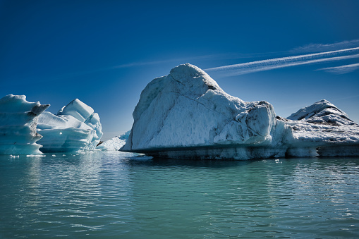 Iceberg in Jokulsarlon lagoon against blue sky. One seal swimming in the sea.