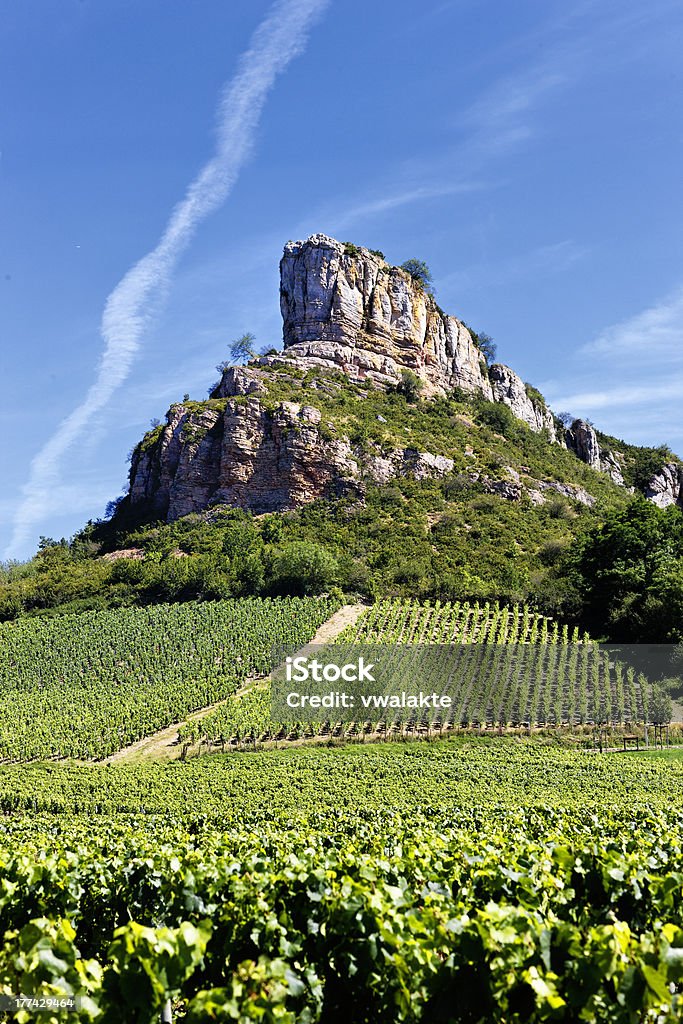 Solutre Rock "Solutre Rock with vineyards, Burgundy, France" No People Stock Photo