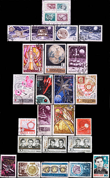Russian stamps collection Cosmos on isolated dark background