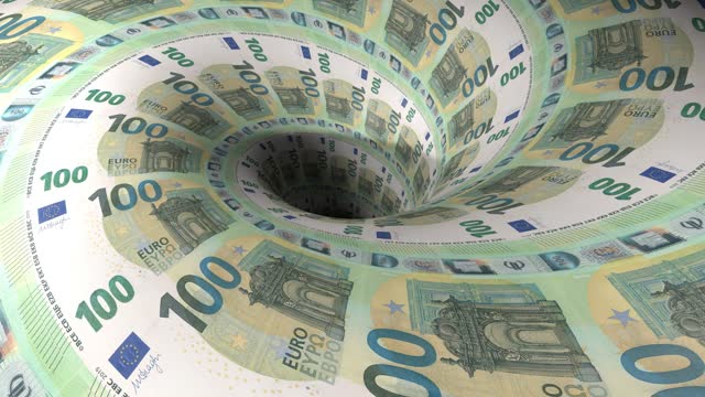 Euro Cash Flow: A Money Background with 100 Euro Bills, Seamless Loop of a Money Tunnel Representing Inflation & Financial Crisis