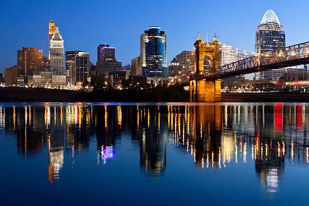 Cincinnati skyline. Image of Cincinnati and John A. Roebling Suspension Bridge at twilight. ohio river photos stock pictures, royalty-free photos & images