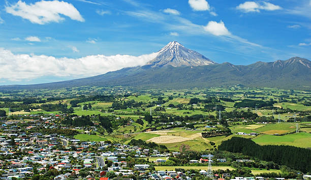 Mount Taranaki, in New Zealand, from afar on daylight
