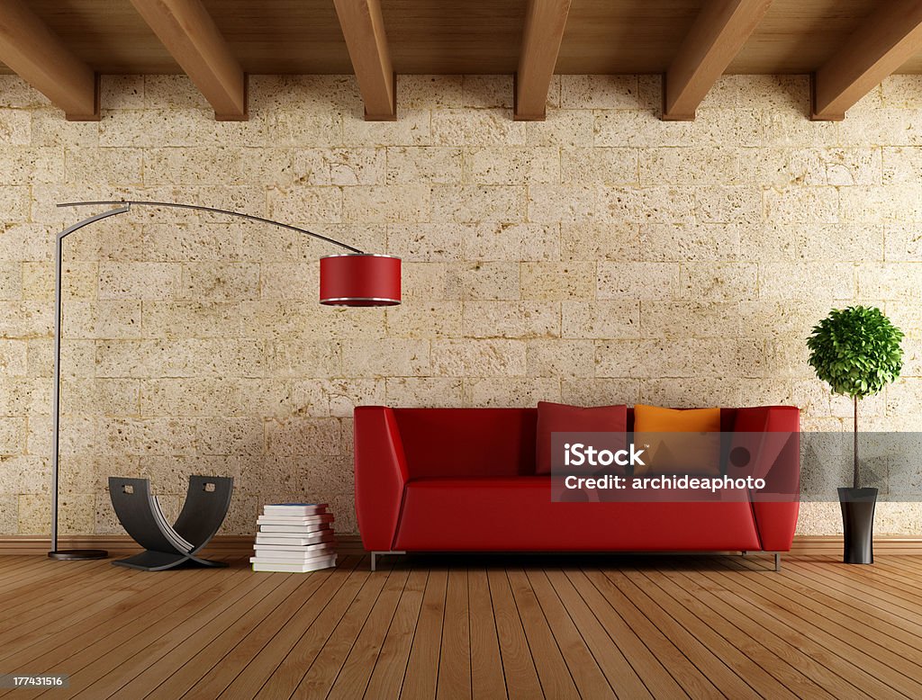 Living room Modern red sofa in a old room - rendering Design Stock Photo