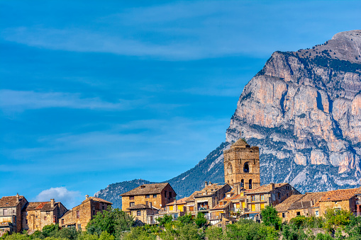 View of the town of Ainsa, one of the most beautiful towns in Spain. Huesca.