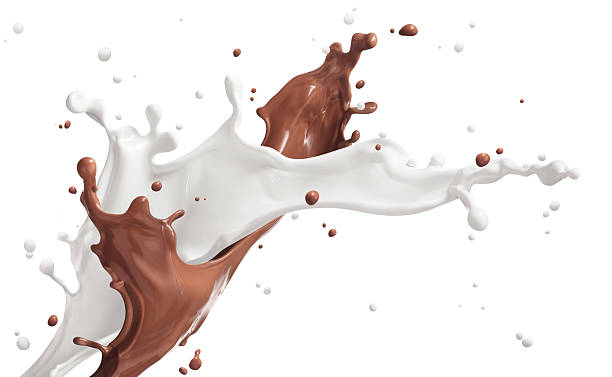 splash of milk and chocolate milk and chocolate splashing isolated on white milk chocolate stock pictures, royalty-free photos & images