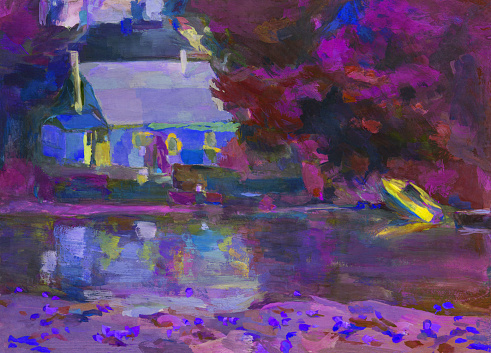 Fashionable illustration art oil painting landscape  house on the river bank with blooming water lilies boat on a pier near the shore against a purple evening background