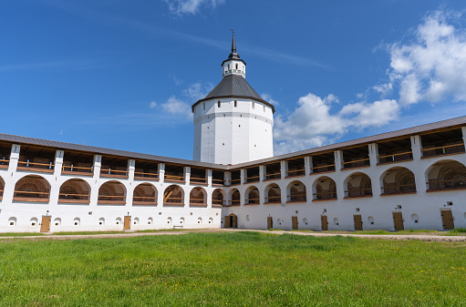 The courtyard of the Kirilovo-Belozersky Monastery with parks, chapels