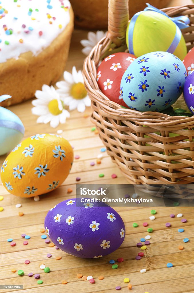 Easter eggs, cake, basket "Easter decorations - eggs, cake and basket on the tabletop" Basket Stock Photo
