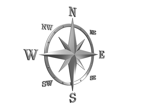 3D generated compass, out of silver material with clipping path