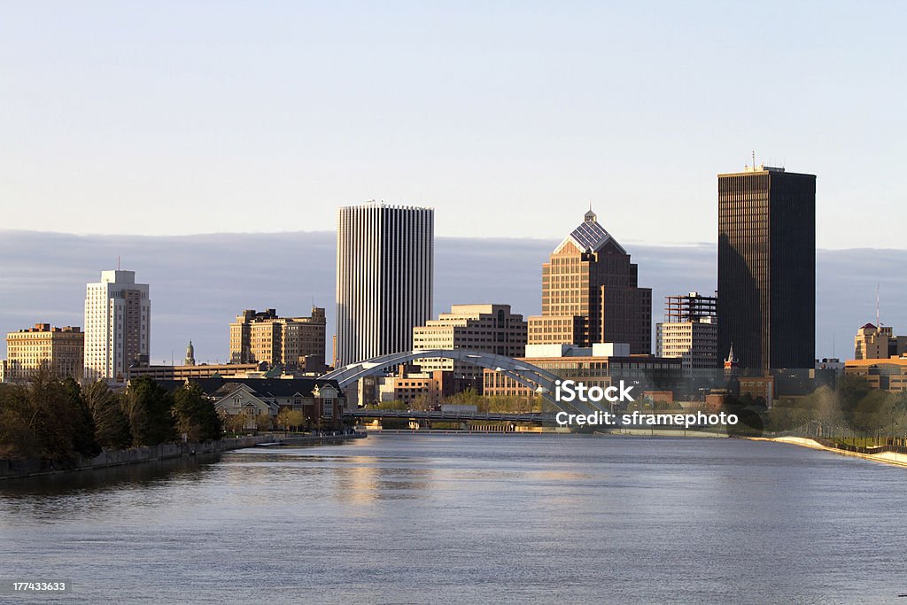 Rochester New York Skyline "Rochester, New York skyline viewed from the south at dusk with the Genesee River flowing toward the downtown area." Rochester - New York State Stock Photo