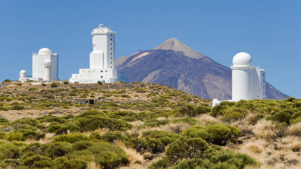 Teide Observatory Telescopes of the Astronomical Observatory Izaña with the mount Teide in the background, Tenerife, Canary Islands. observatory tenerife canary islands el teide national park stock pictures, royalty-free photos & images