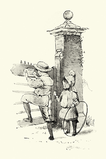 Vintage illustration of Boy and girl out looking for their lost dog, Victorian Children's book illustration, 19th Century