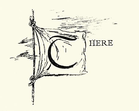 Vintage illustration of Captial letter T, There, Flying on a flag, Victorian design element, 19th Century