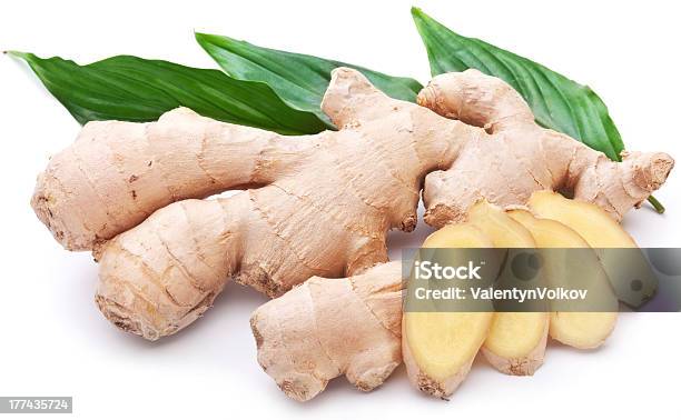 Fresh Ginger With Leaves Isolated On White Background Stock Photo - Download Image Now