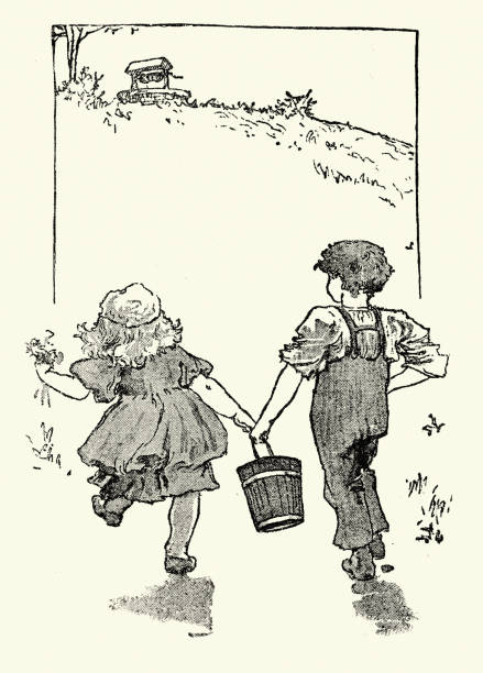 Jack and Jill went up the hill, carrying bucket to the well, Victorian Children's book illustration, 19th Century Vintage illustration of Jack and Jill went up the hill, carrying bucket to the well, Victorian Children's book illustration, 19th Century old water well drawing stock illustrations