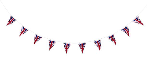 union jack bunting und banner - english flag british flag flag british culture stock-fotos und bilder