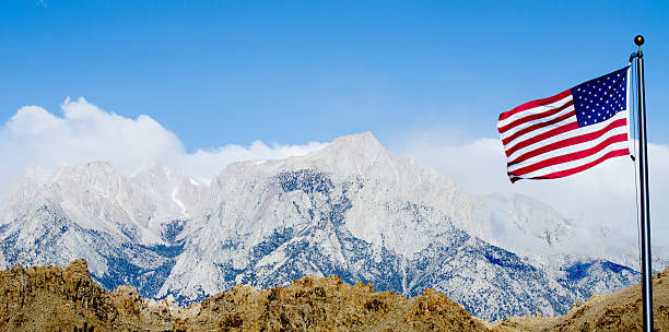 istock US Flag with Mount Whitney and Lone Pine on background 177436382
