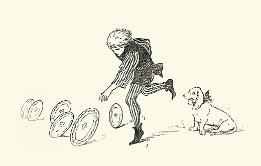Vintage illustration of Young boy dropping plates, pet dog, Victorian Children's book illustration, 19th Century
