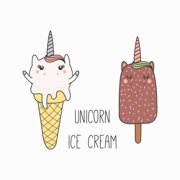 Kawaii unicorn ice cream Hand drawn vector illustration of a kawaii funny ice cream with unicorn horn, ears, with text. Isolated objects on white background. Line drawing. Design concept for cafe menu, children print. melting girl stock illustrations