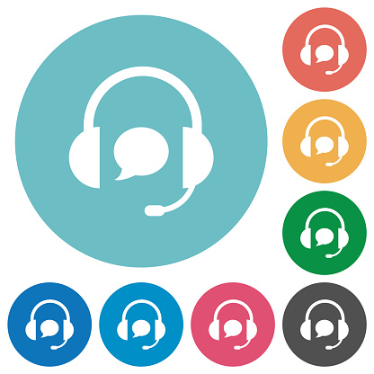 Call center with chat bubble solid flat white icons on round color backgrounds